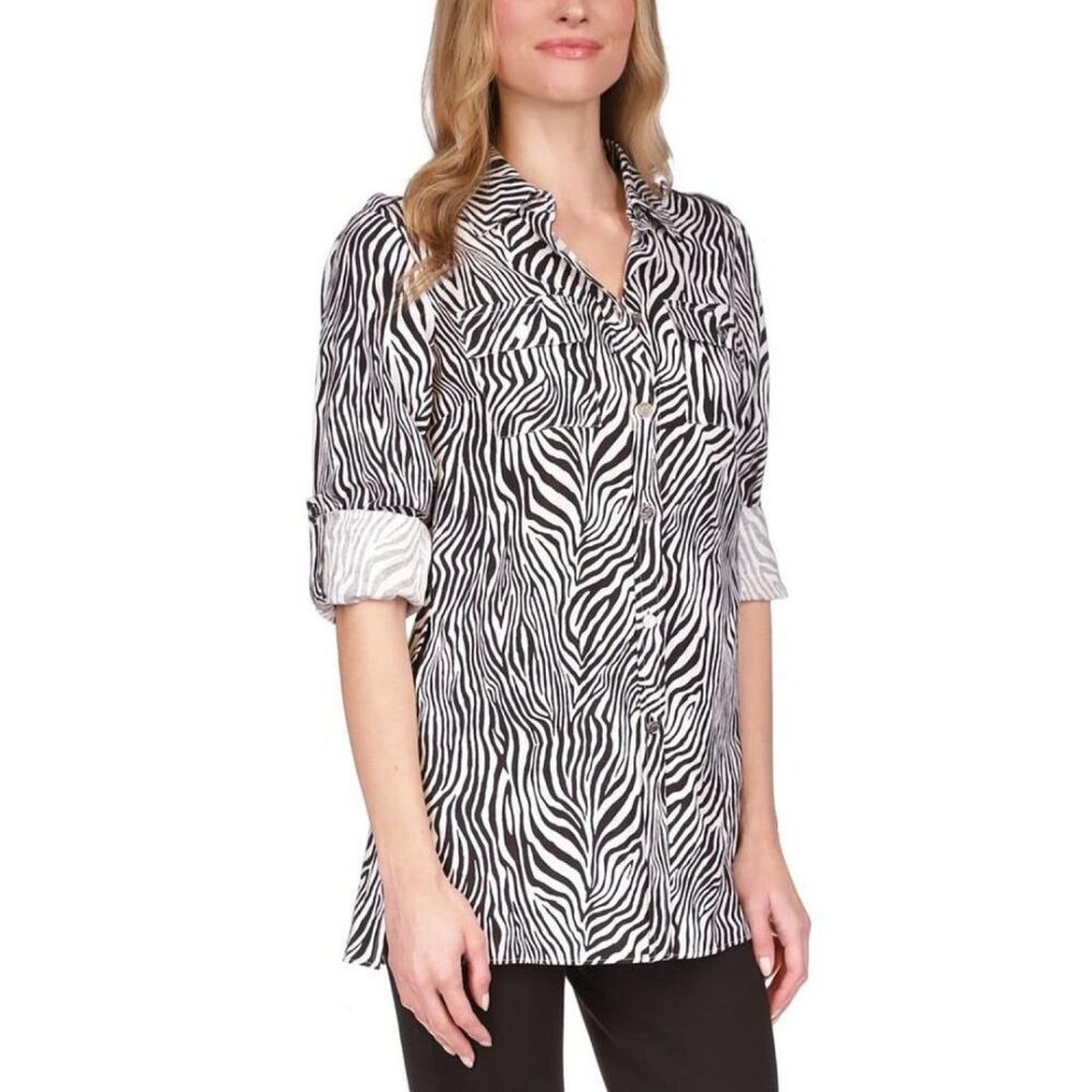 Michael Kors Womens Zebra Print Tunic Top XS Black Button Down Linen Blend NWT